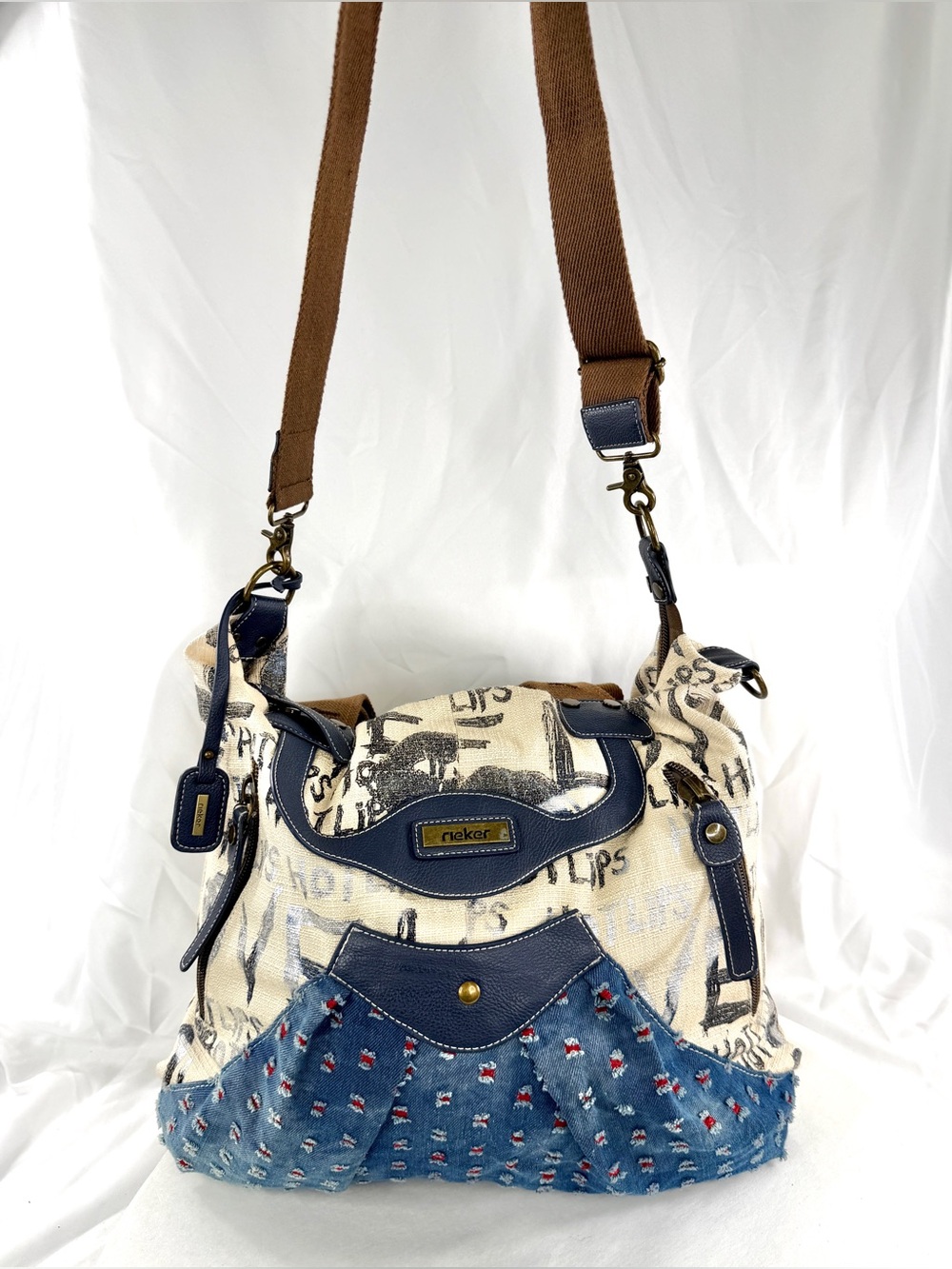 Rare Rieker Kabelka Cream Blue Grafitti Large Tote Shoulder Bag Denim H1470-60